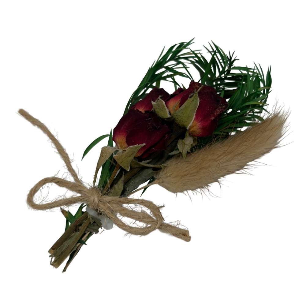 Red & Green Artificial Flower Boutonniere Rustic Floral Design