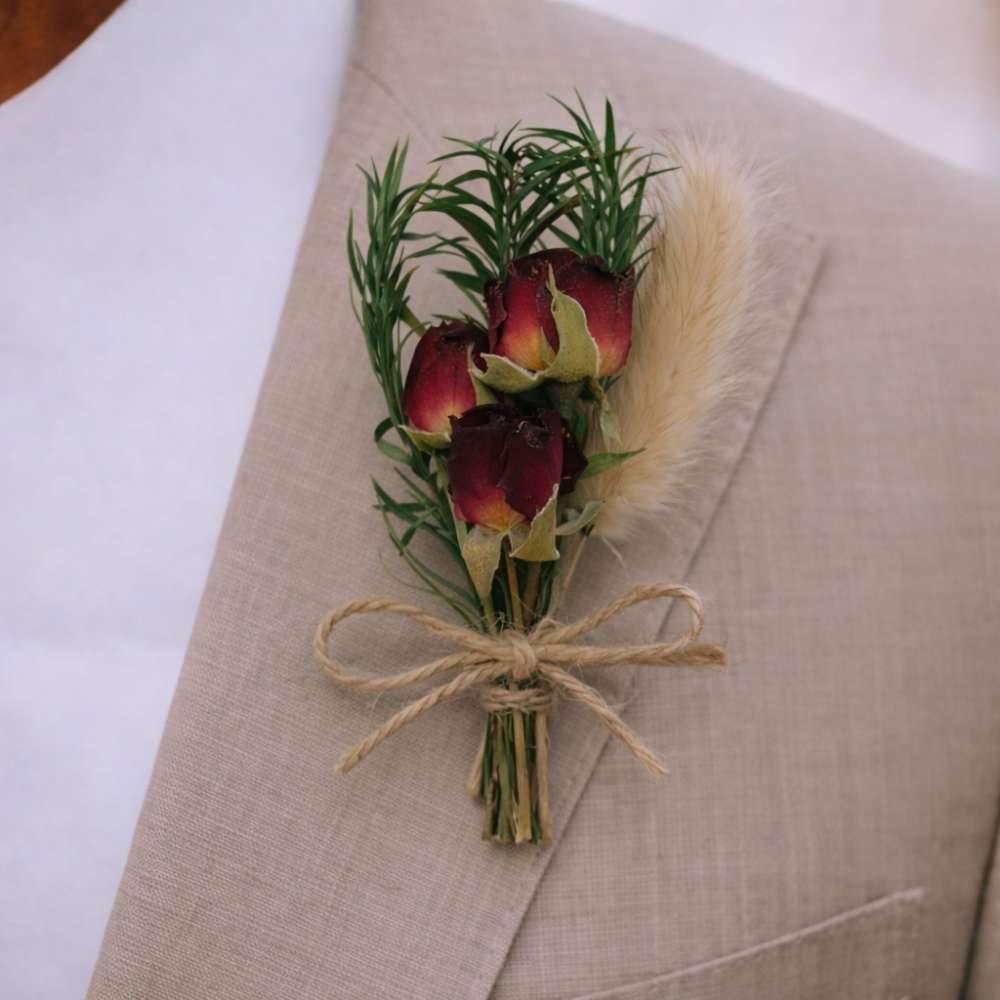 Red & Green Artificial Flower Boutonniere Rustic Floral Design
