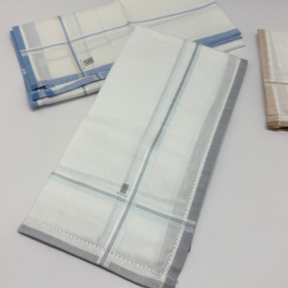 Cream Cotton Handkerchief Set Soft Striped Border Daily Use Pack of 3