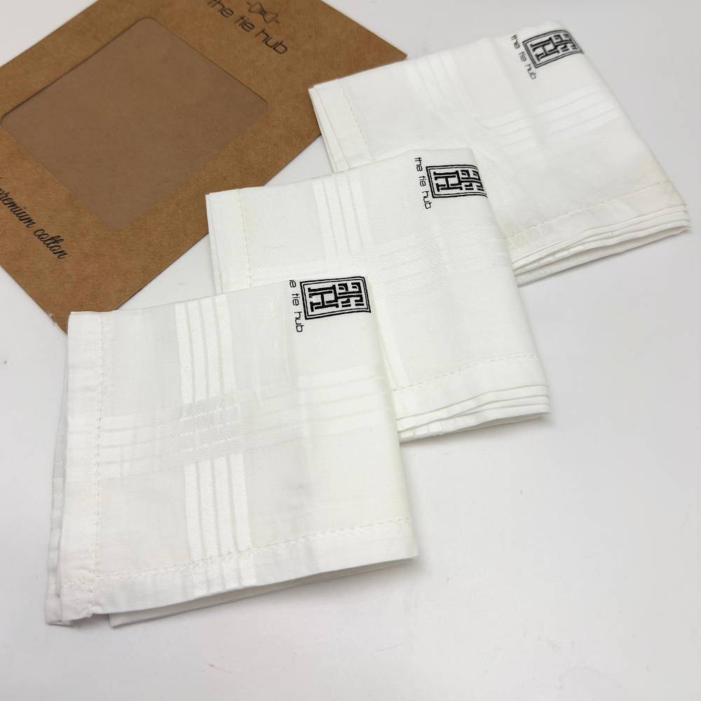 Self Striped White Cotton Handkerchief Pack of 3