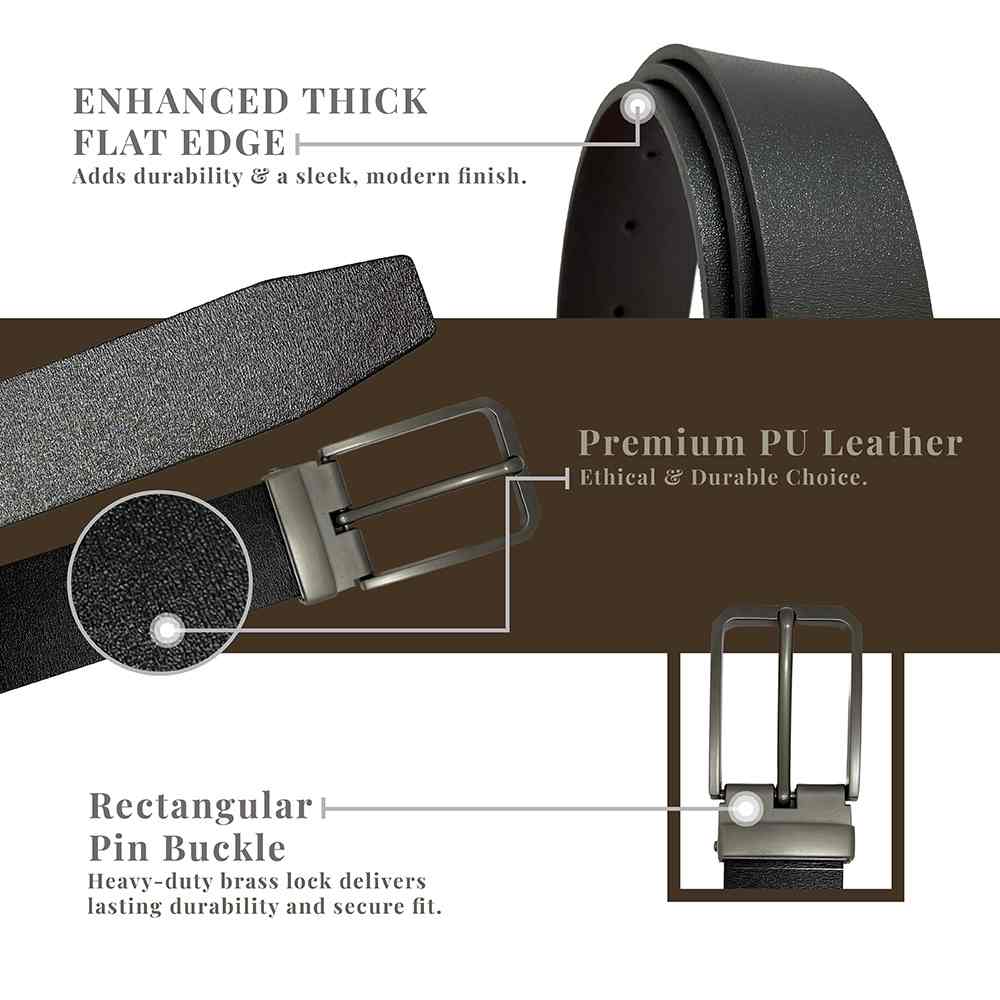 Black & Brown PU Leather Formal Belt with Rectangular Pin Buckle Matte Finish