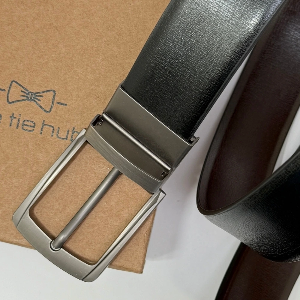 Black & Brown Reversible PU Leather Formal Belt with Rotating Rectangular Pin Buckle Matte Finish