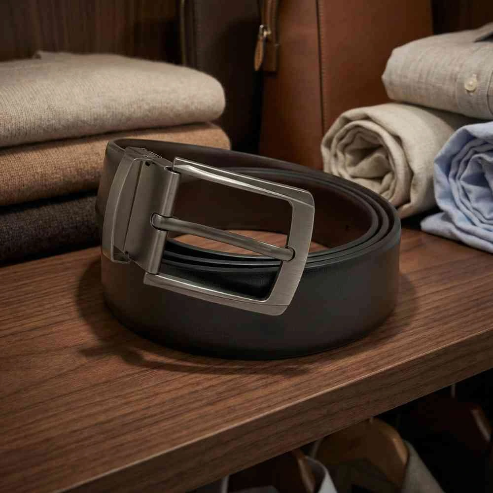 Black & Brown Reversible PU Leather Formal Belt with Rotating Rectangular Pin Buckle Matte Finish