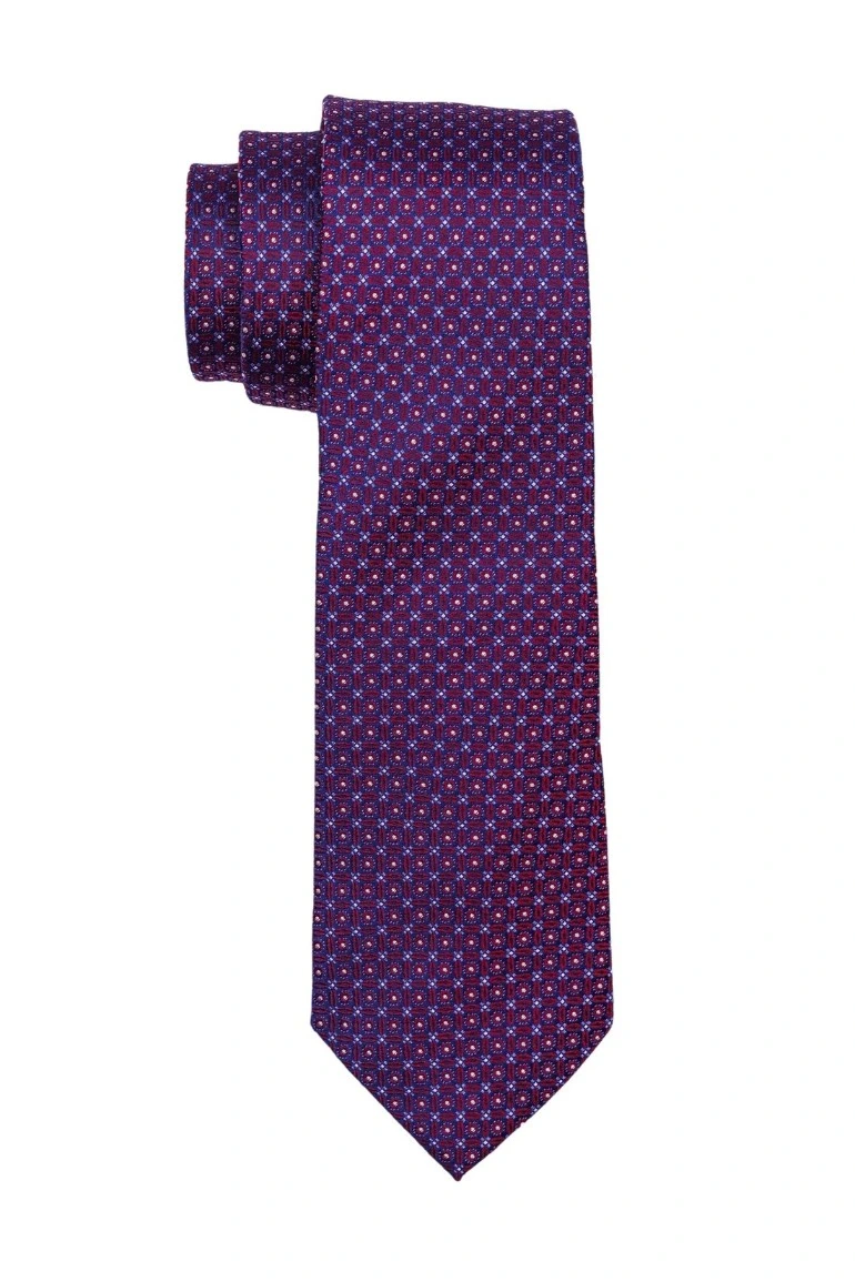 Men's Burgundy and Blue Silk Necktie with Modern Geometric Design