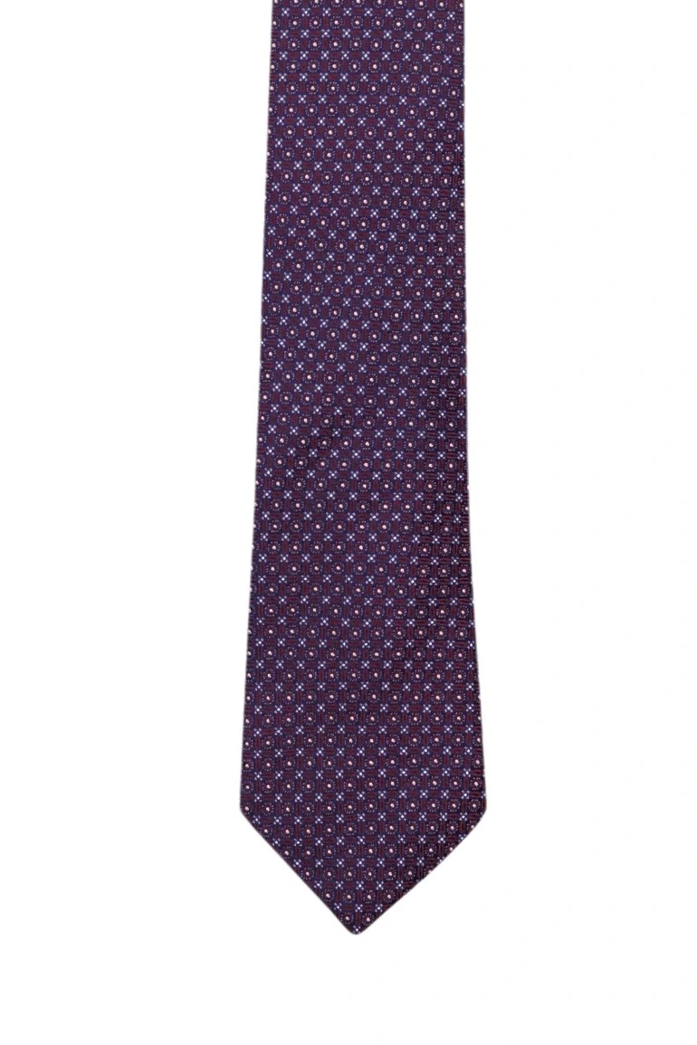 Men's Burgundy and Blue Silk Necktie with Modern Geometric Design
