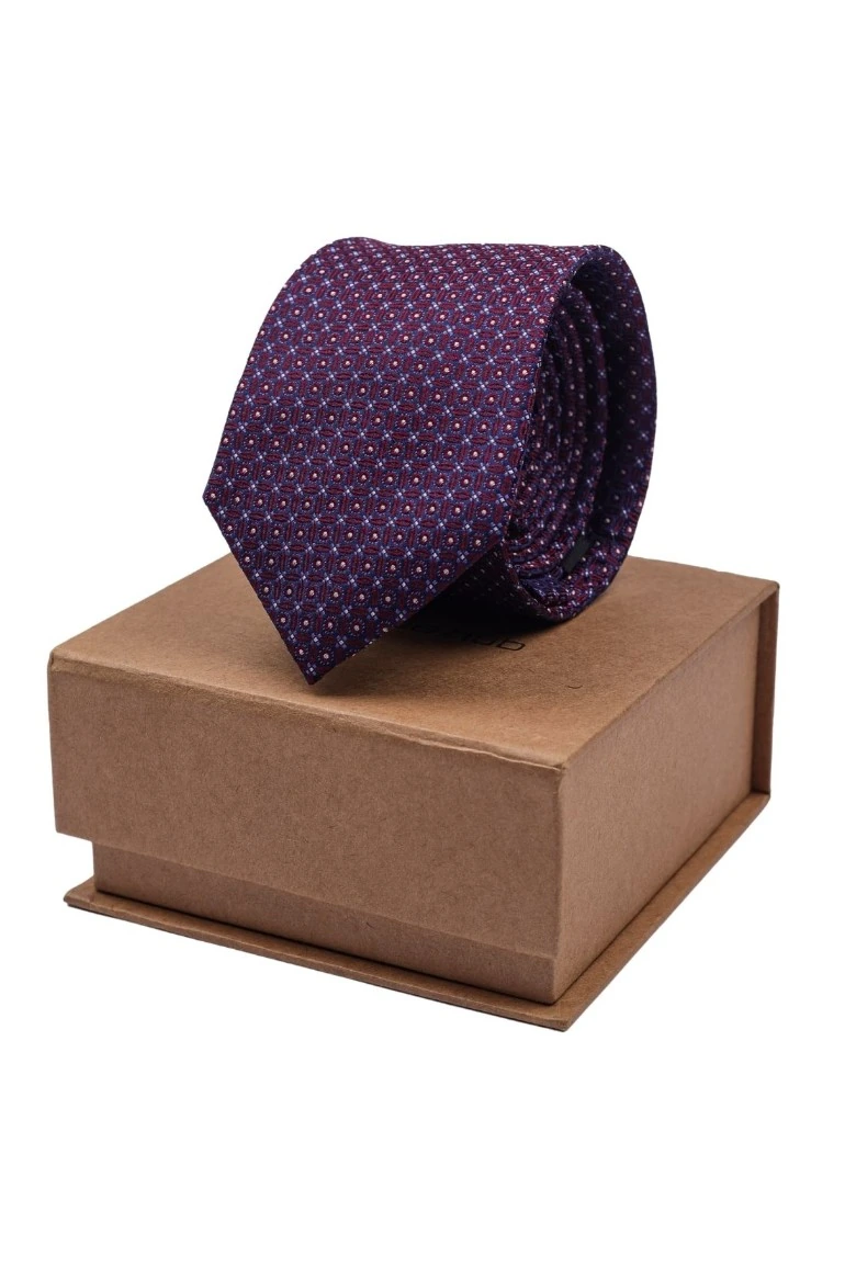 Men's Burgundy and Blue Silk Necktie with Modern Geometric Design