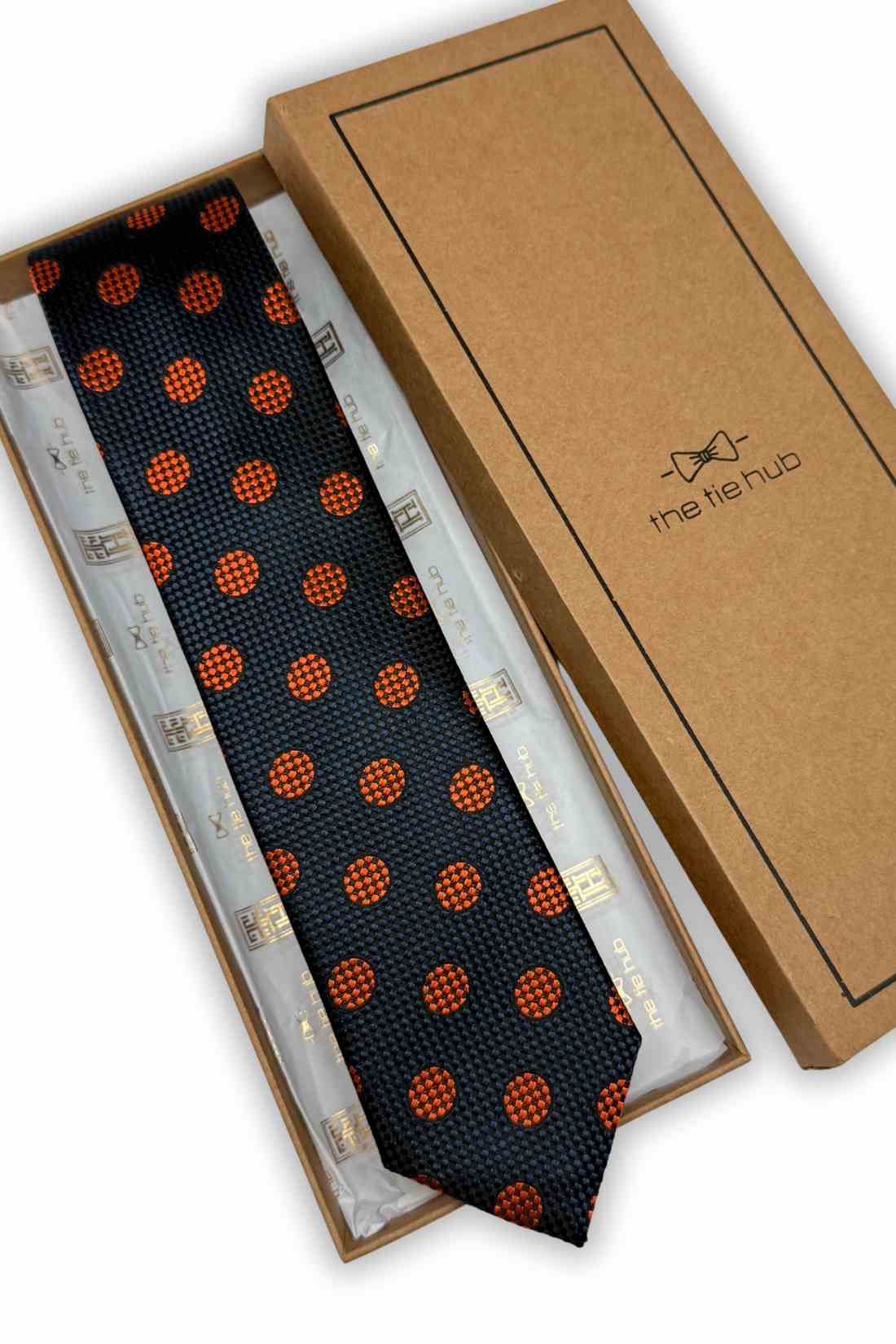 Navy Blue Orange Polka Dot Silk Necktie Β Formal & Business Wear Tie