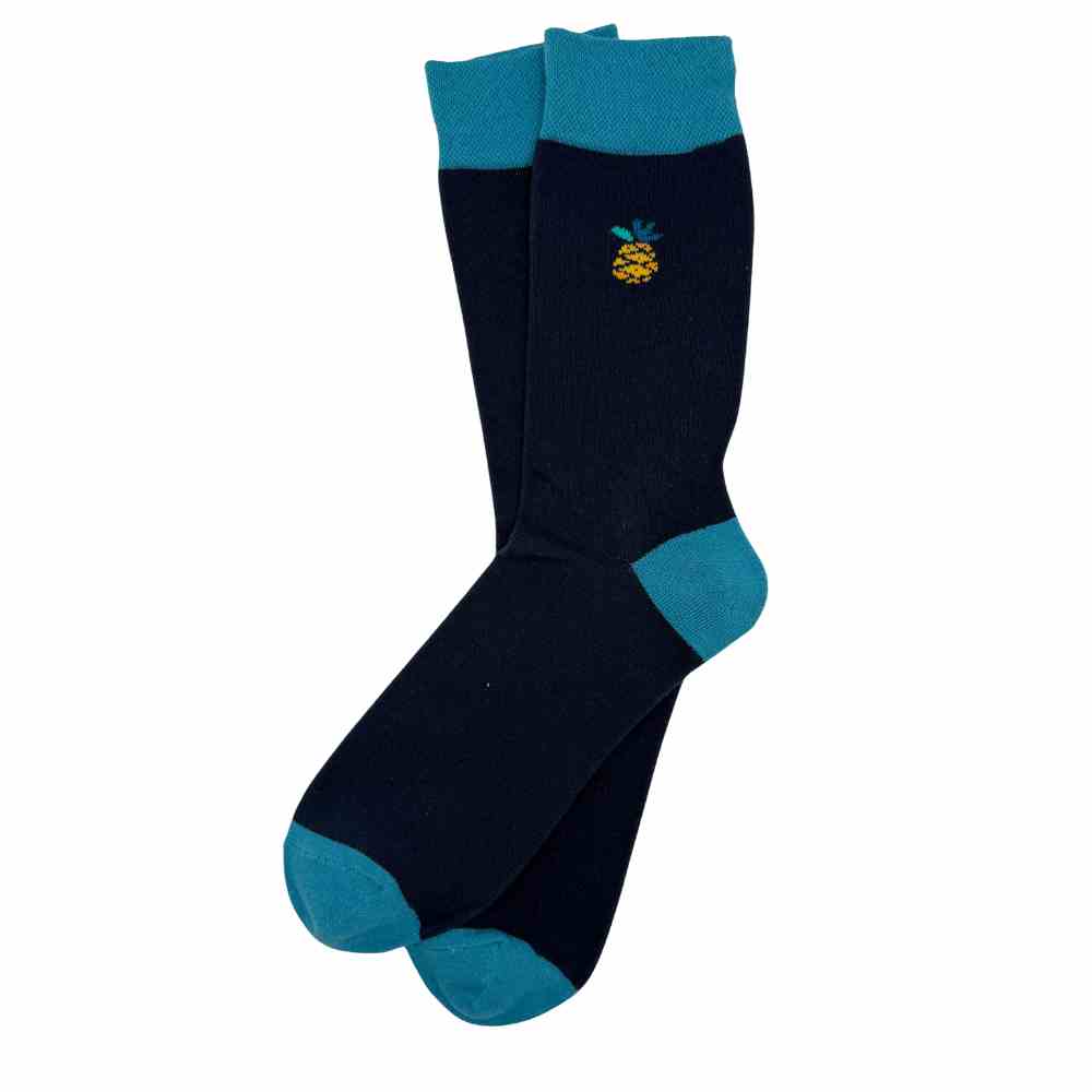 Navy Pineapple Print Cotton Crew Socks for Men Soft Breathable Cotton Socks