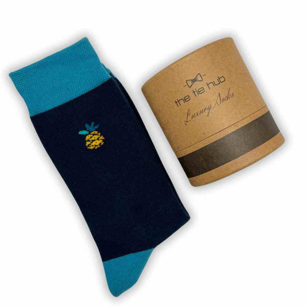 Navy Pineapple Print Cotton Crew Socks for Men Soft Breathable Cotton Socks