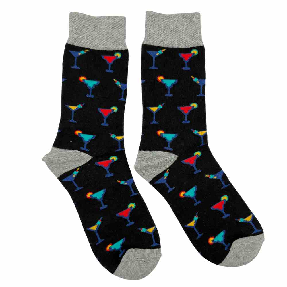 Black Cocktail Print Cotton Crew Socks with Grey Heel for Men Soft Breathable Cotton Socks