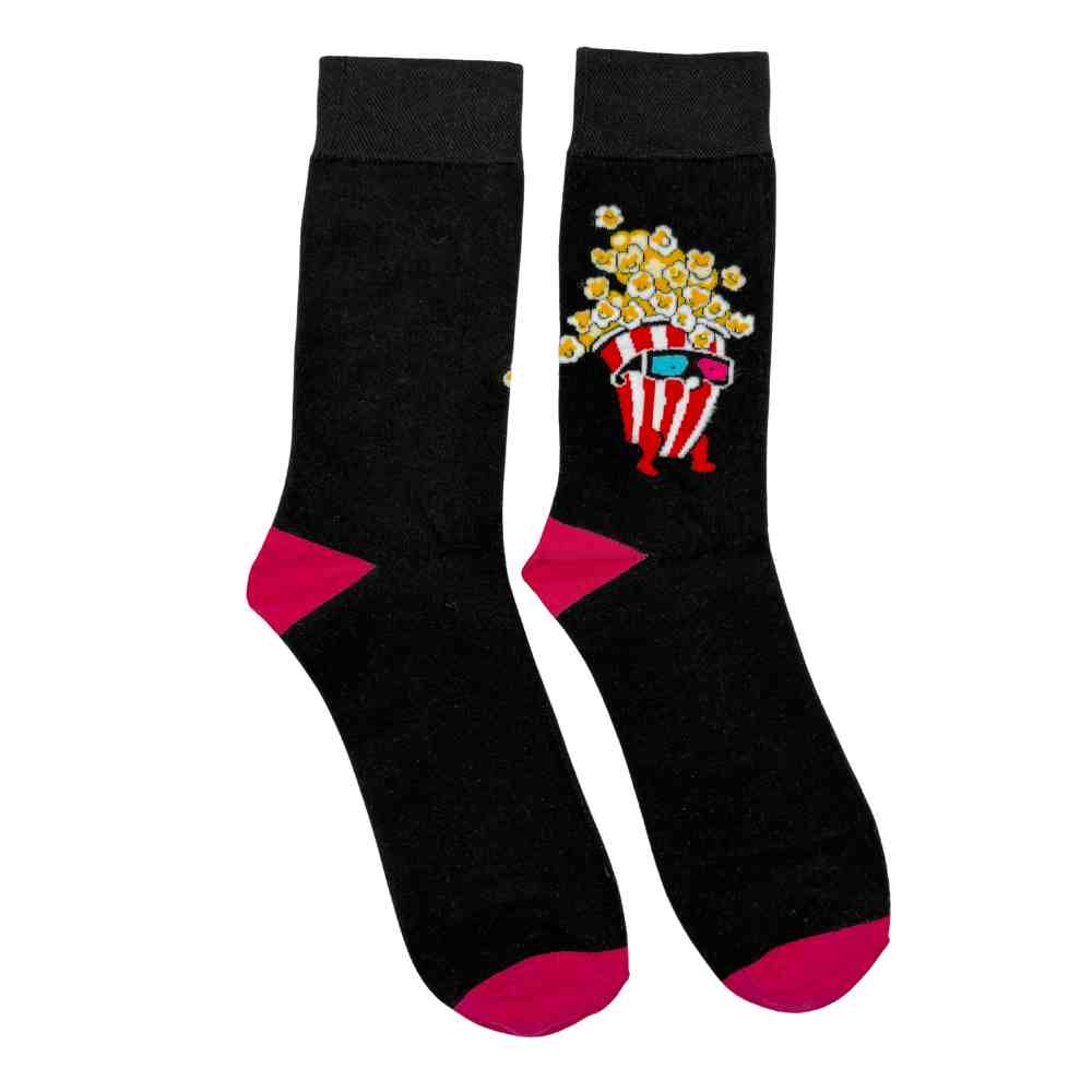 Black Popcorn Print Cotton Crew Socks for Men Soft Breathable Cotton Socks