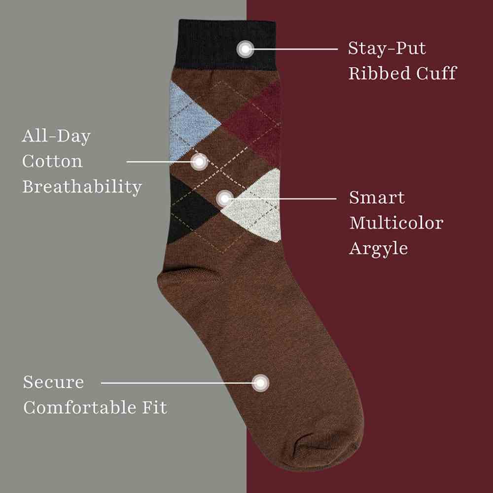 Brown Argyle Cotton Socks for Men Breathable Formal Casual Wear