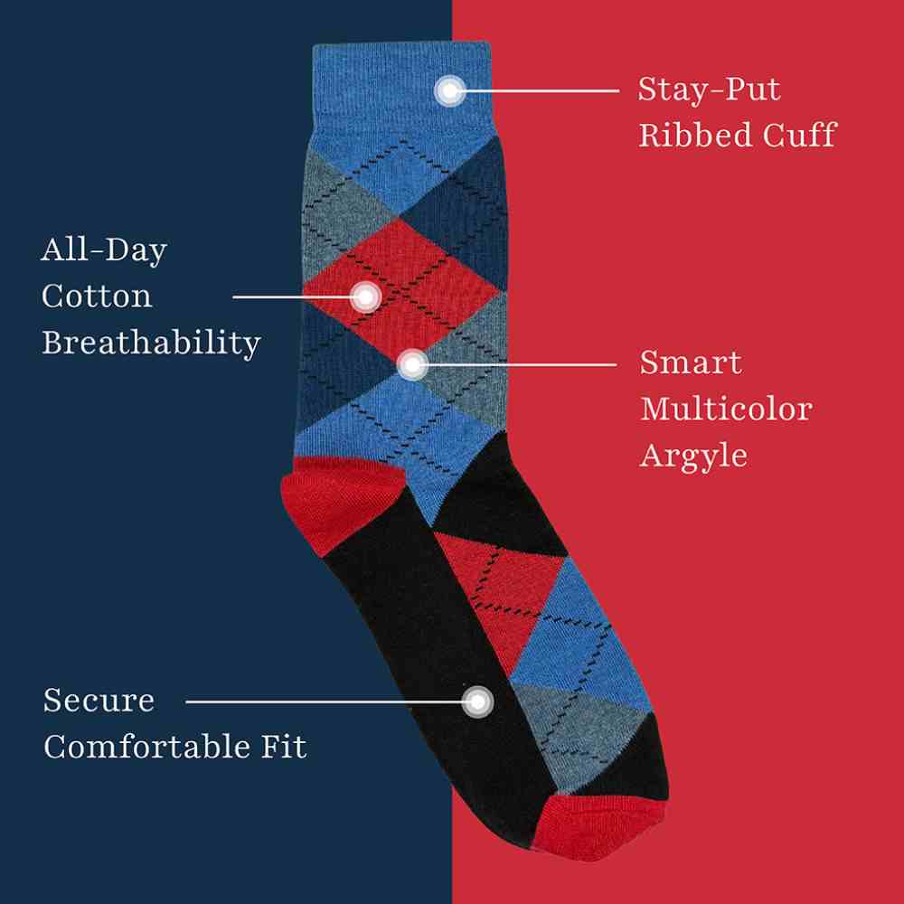 Blue Red Argyle Cotton Socks for Men Breathable Formal Casual Wear