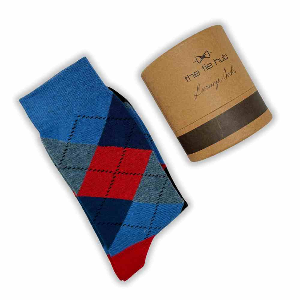 Blue Red Argyle Cotton Socks for Men Breathable Formal Casual Wear