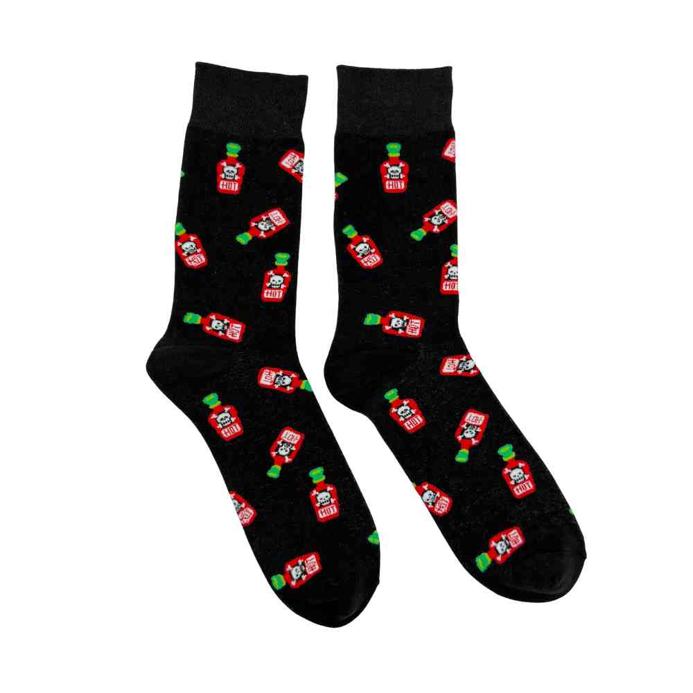 Black Hot Sauce Print Cotton Crew Socks for Men Soft Breathable Cotton Socks