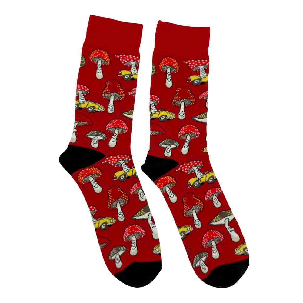 Red Mushroom Print Cotton Crew Socks for Men Soft Breathable Cotton Socks