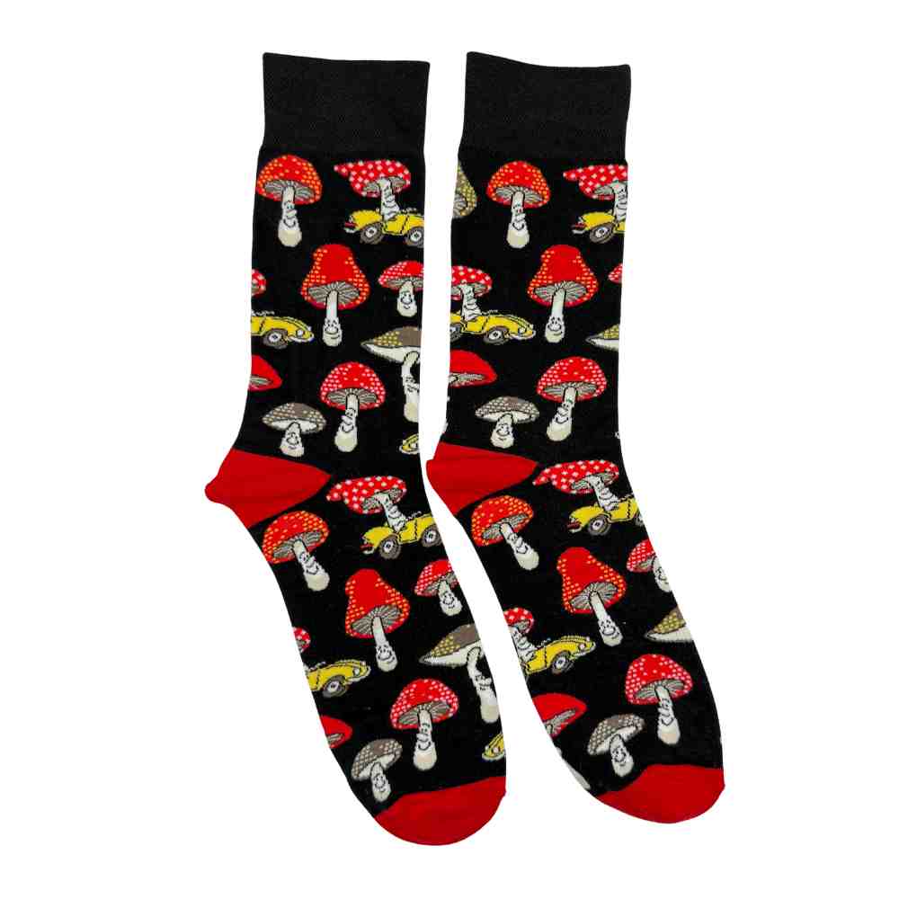 Black Mushroom Print Cotton Crew Socks for Men Soft Breathable Cotton Socks