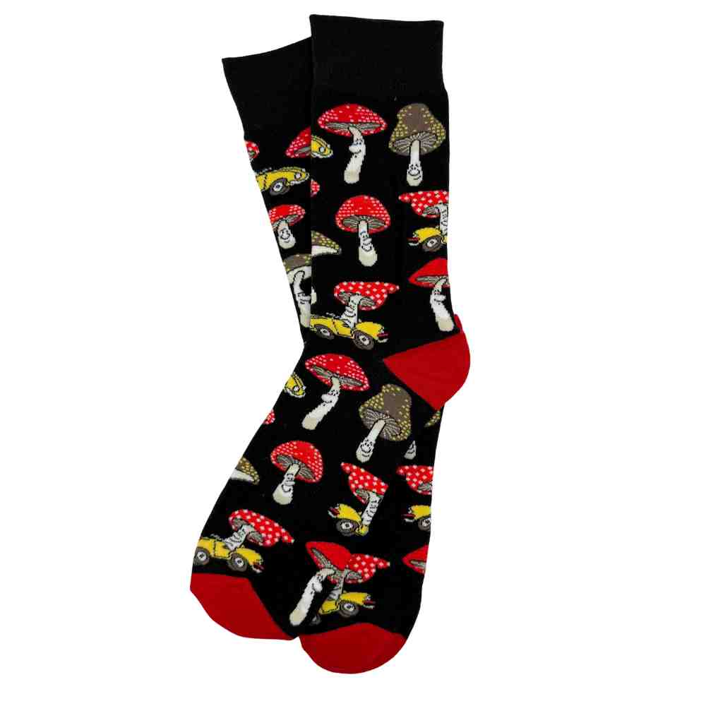 Black Mushroom Print Cotton Crew Socks for Men Soft Breathable Cotton Socks