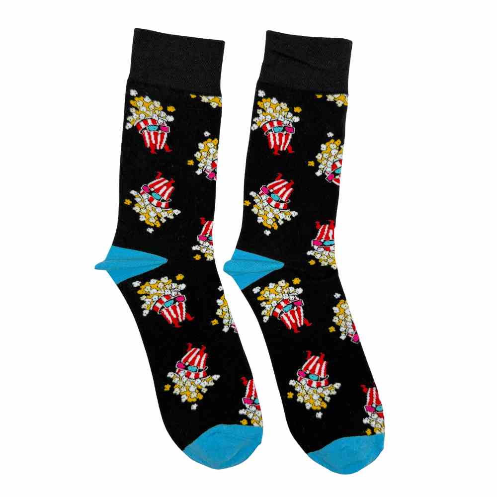 Black Popcorn Print Cotton Crew Socks for Men Soft Breathable Cotton Socks