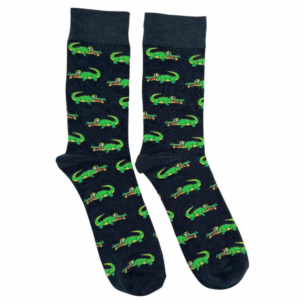 Navy Crocodile Print Cotton Crew Socks for Men Soft Breathable Cotton Socks
