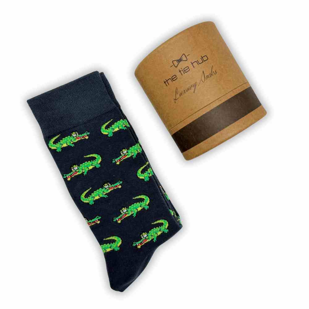 Navy Crocodile Print Cotton Crew Socks for Men Soft Breathable Cotton Socks