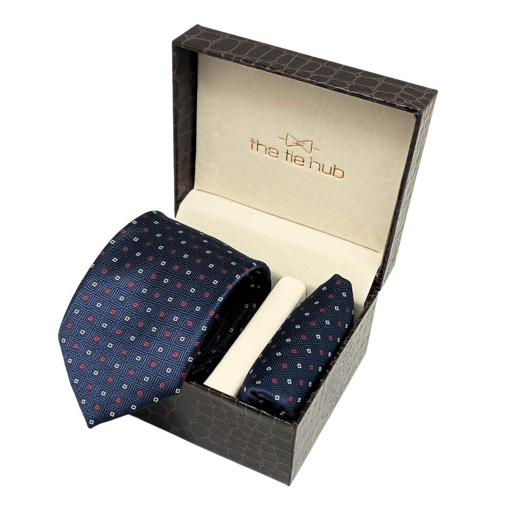 Navy Blue GeometricMicrofiber Necktie Pocket Square Combo