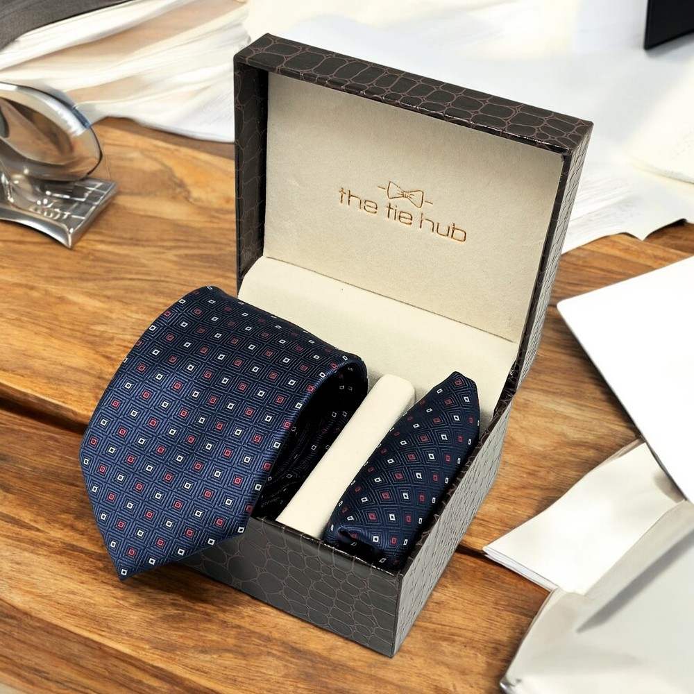 Navy Blue GeometricMicrofiber Necktie Pocket Square Combo
