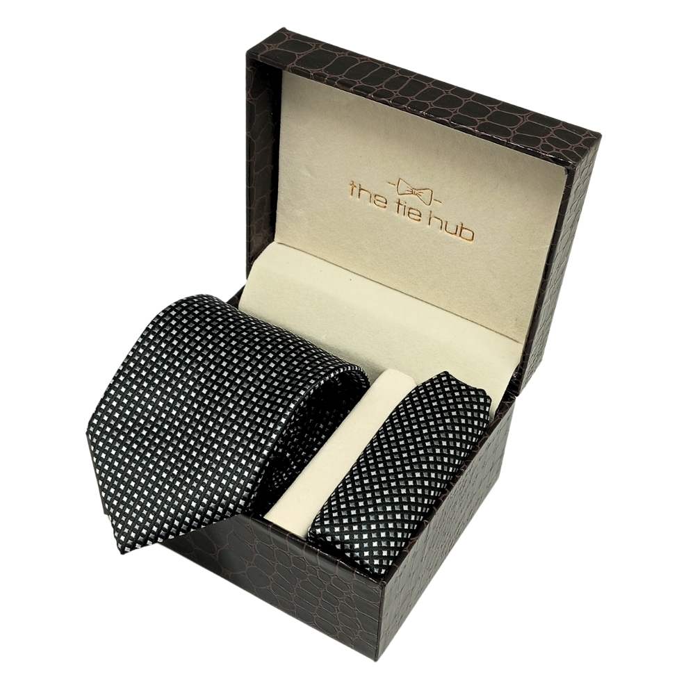 Black GeometricMicrofiber Necktie Pocket Square Combo