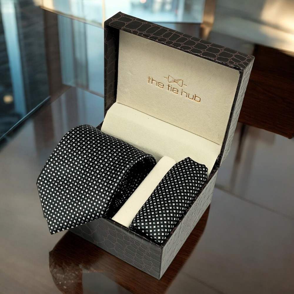 Black GeometricMicrofiber Necktie Pocket Square Combo
