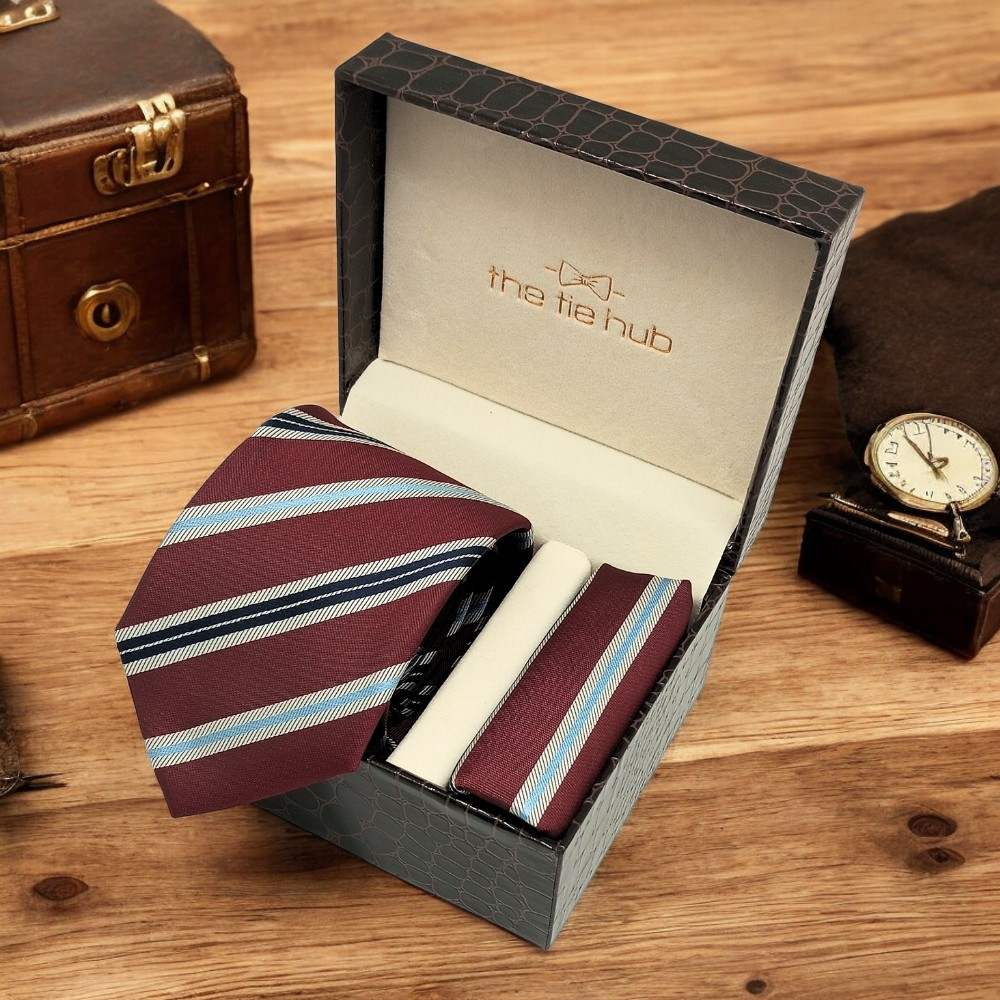 Burgundy StripedMicrofiber Necktie Pocket Square Combo