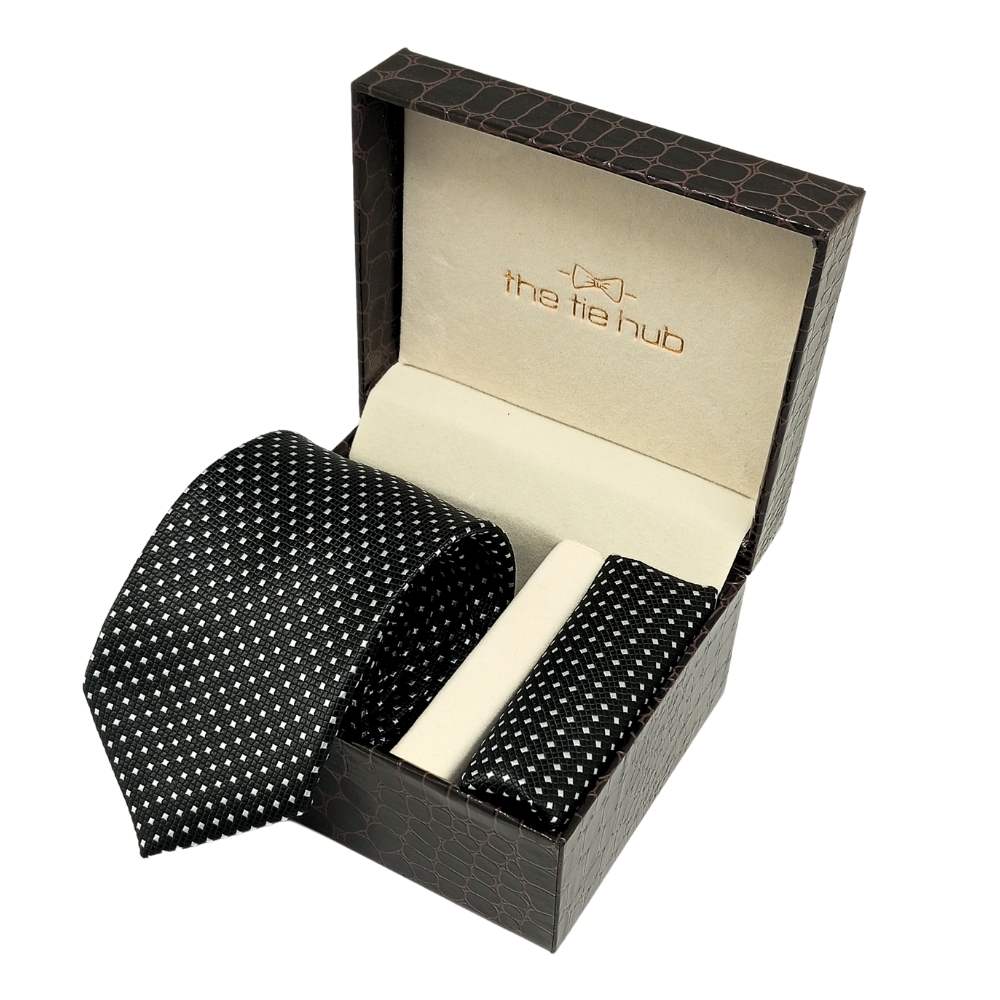 Black GeometricMicrofiber Necktie Pocket Square Combo