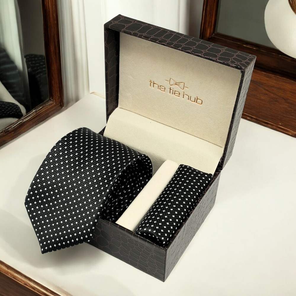 Black GeometricMicrofiber Necktie Pocket Square Combo