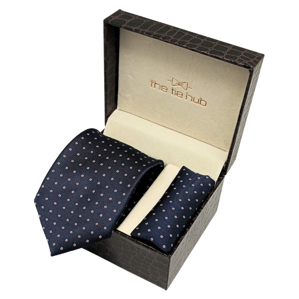 Navy Blue Red PolkaMicrofiber Necktie Pocket Square Combo
