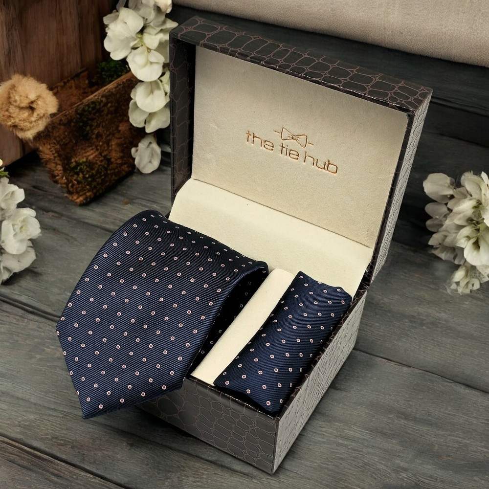 Navy Blue Red PolkaMicrofiber Necktie Pocket Square Combo
