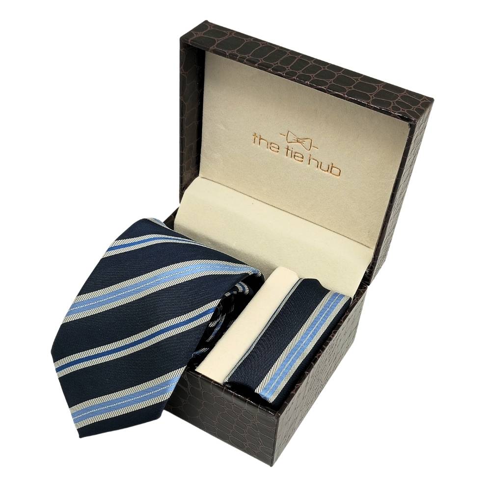 Blue StripedMicrofiber Necktie Pocket Square Combo