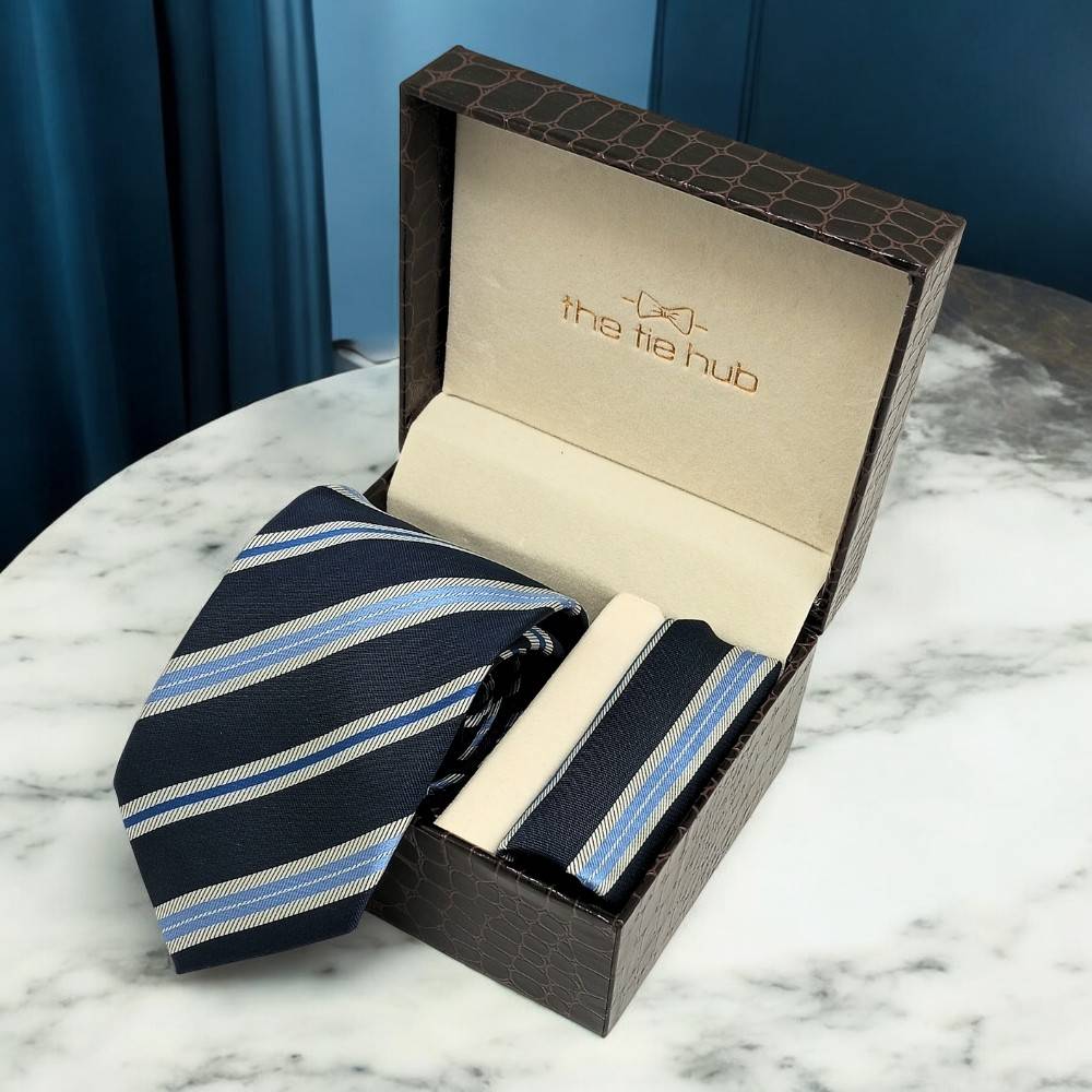 Blue StripedMicrofiber Necktie Pocket Square Combo
