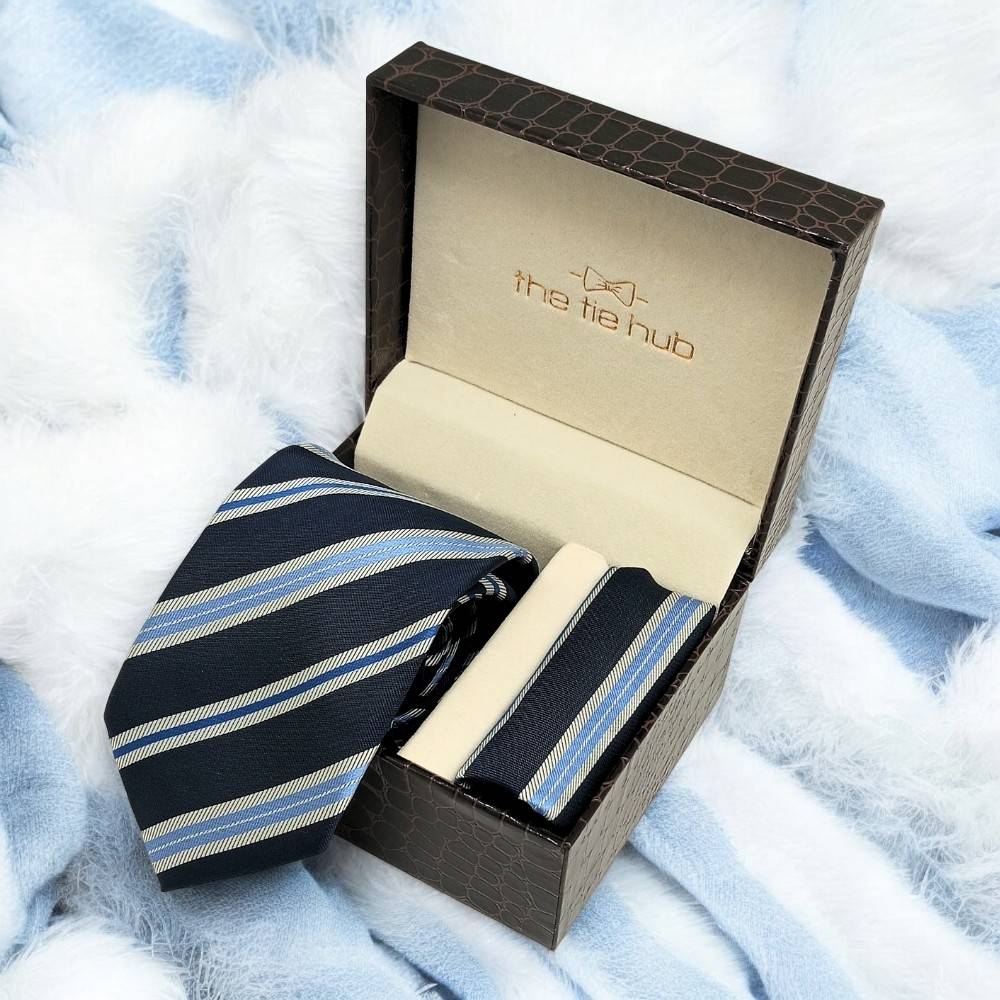 Blue StripedMicrofiber Necktie Pocket Square Combo