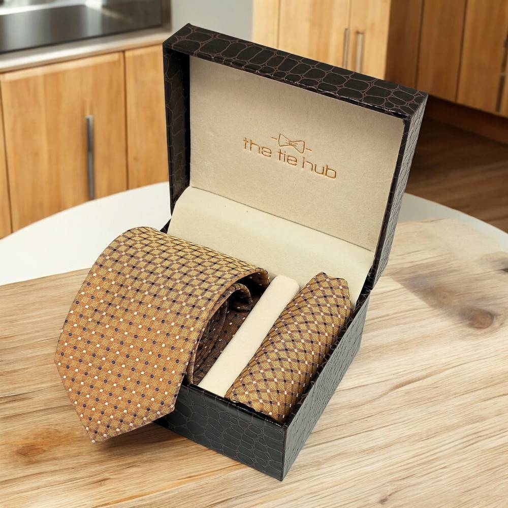 Yellow GeometricMicrofiber Necktie Pocket Square Combo