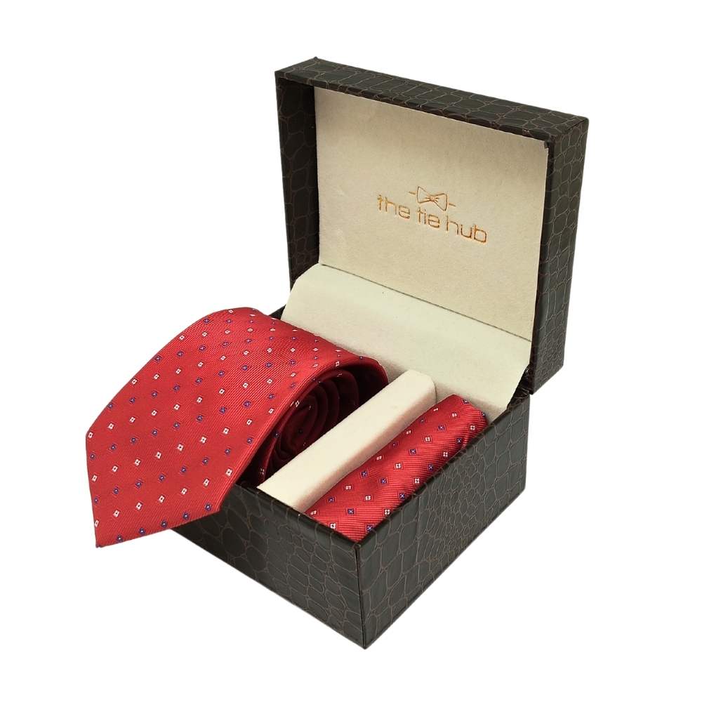 Red Microfiber Necktie & Pocket Square Gift Set Β Polka Dot Design
