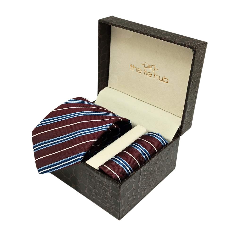 Maroon & Blue Striped Necktie & Pocket Square Gift Set ย Microfiber Design