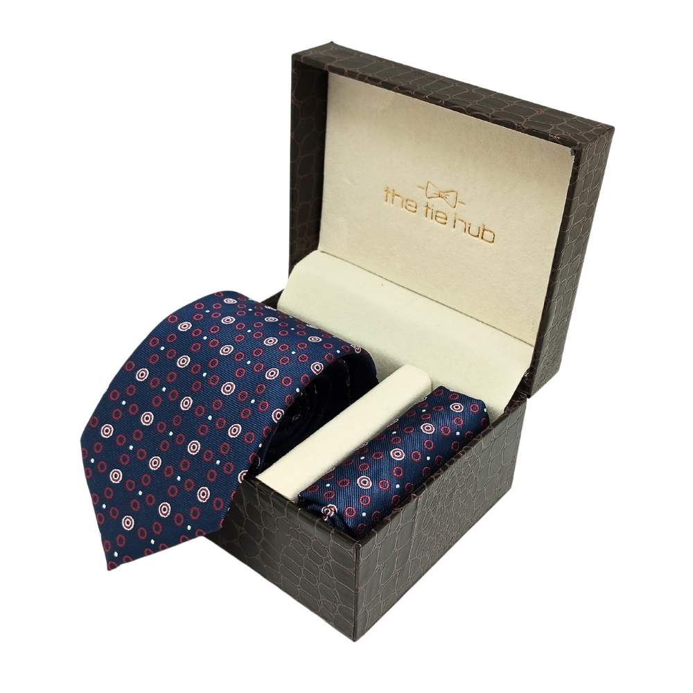Navy Blue Necktie & Pocket Square Gift Set ย Microfiber Geometric Design