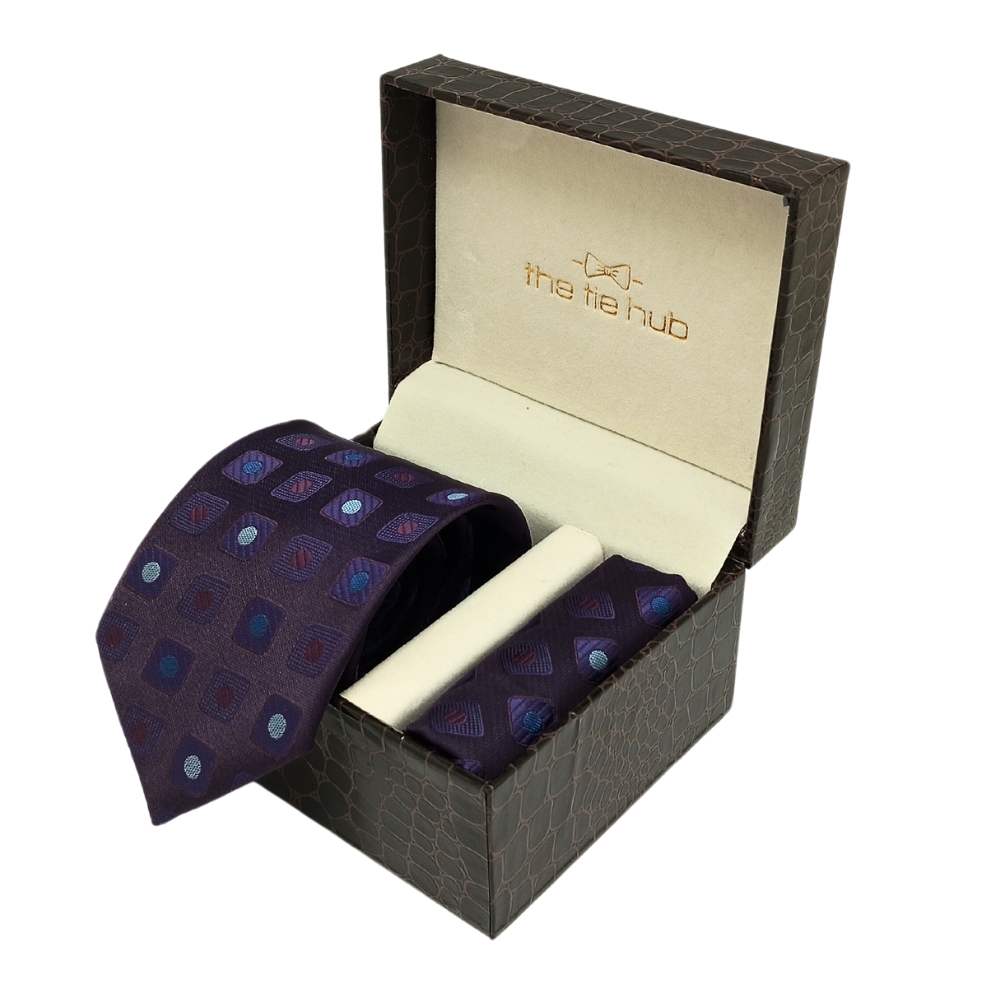 Purple Necktie & Pocket Square Gift Set ย Microfiber Geometric Design