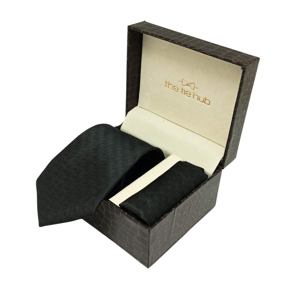 Black Necktie & Pocket Square Gift Set ย Microfiber Woven Design