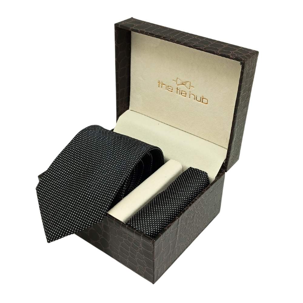 Black Microfiber Necktie Combo with White Dotted Design Gift Set