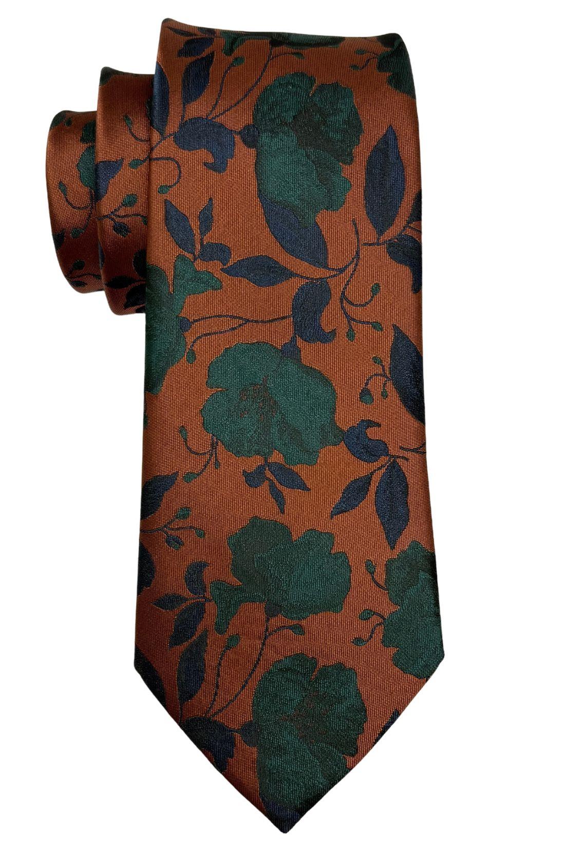 Rust Orange Silk Necktie For Men | Floral Woven Design