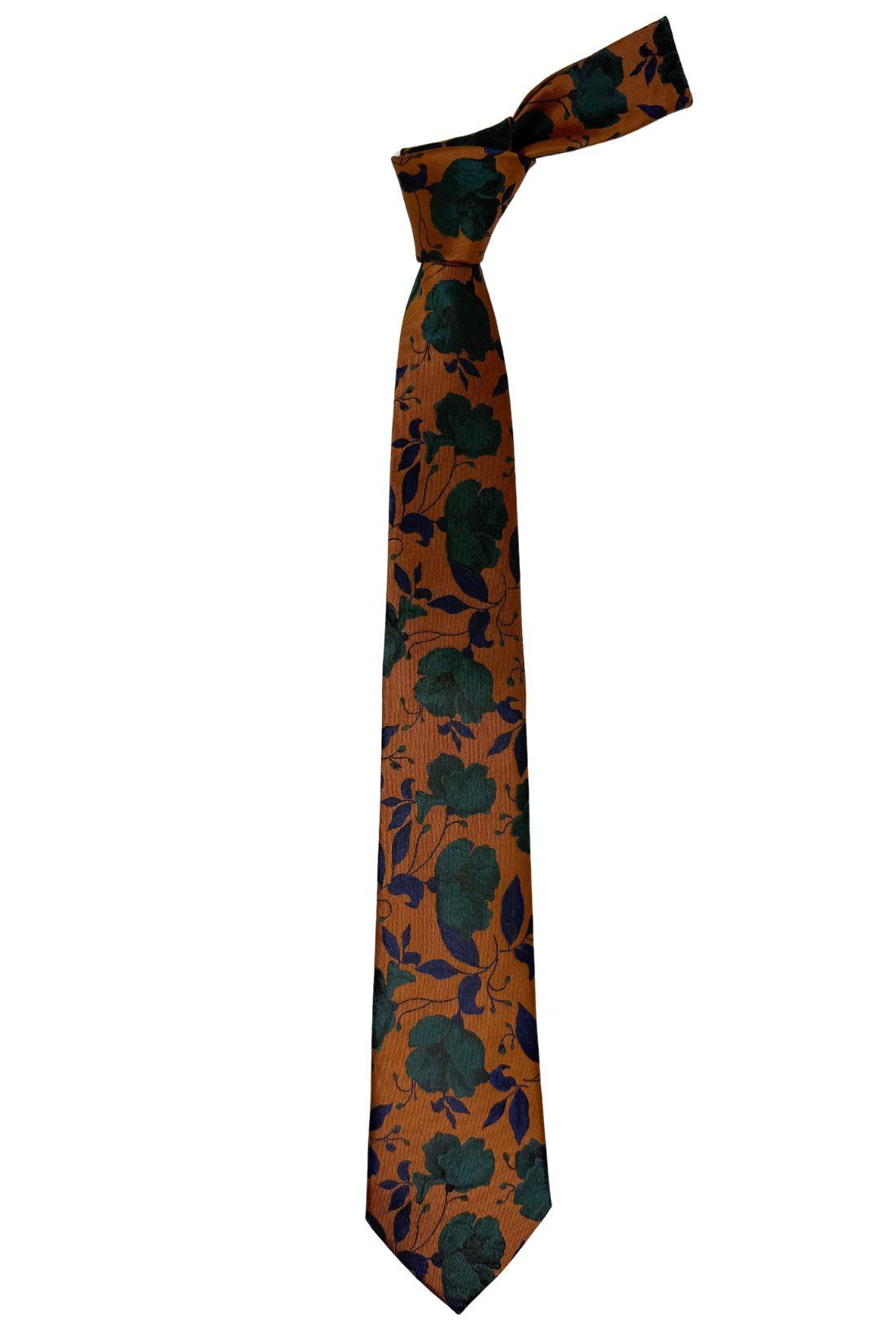 Rust Orange Silk Necktie For Men | Floral Woven Design