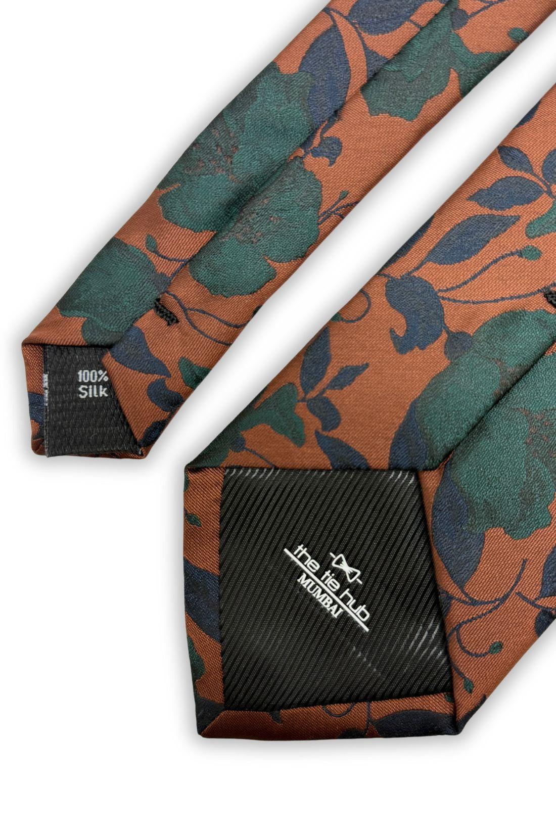 Rust Orange Silk Necktie For Men | Floral Woven Design