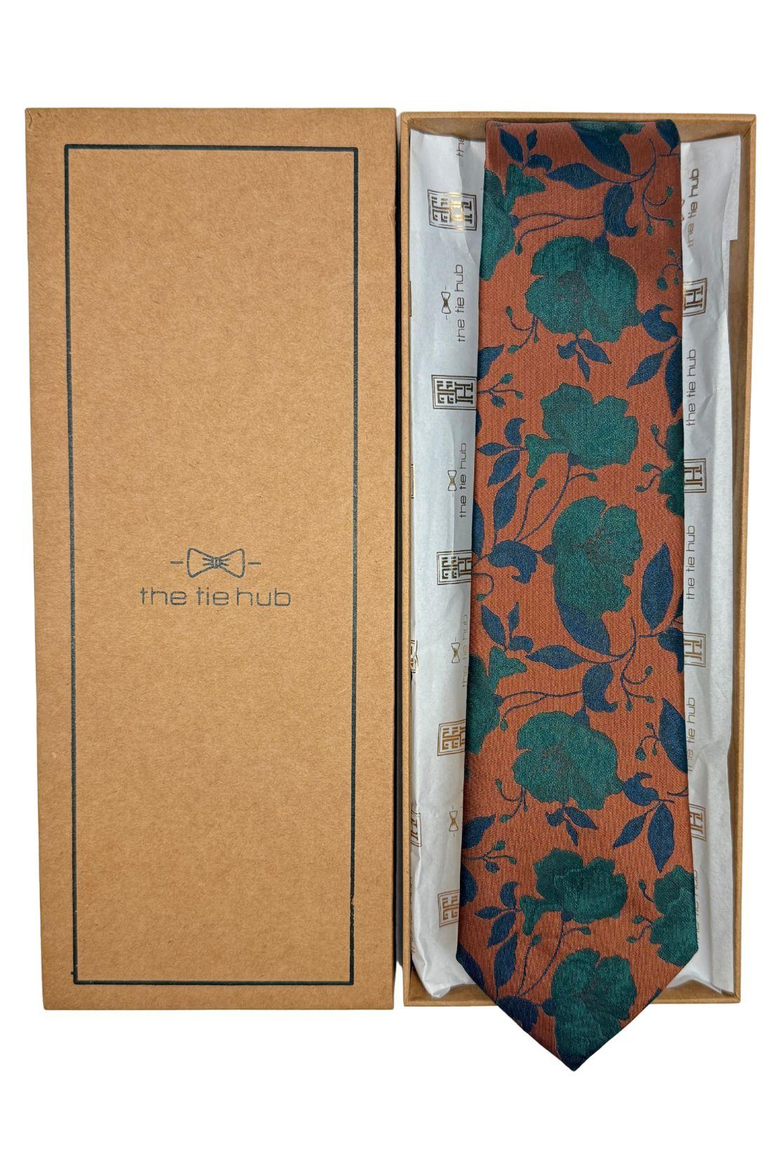 Rust Orange Silk Necktie For Men | Floral Woven Design