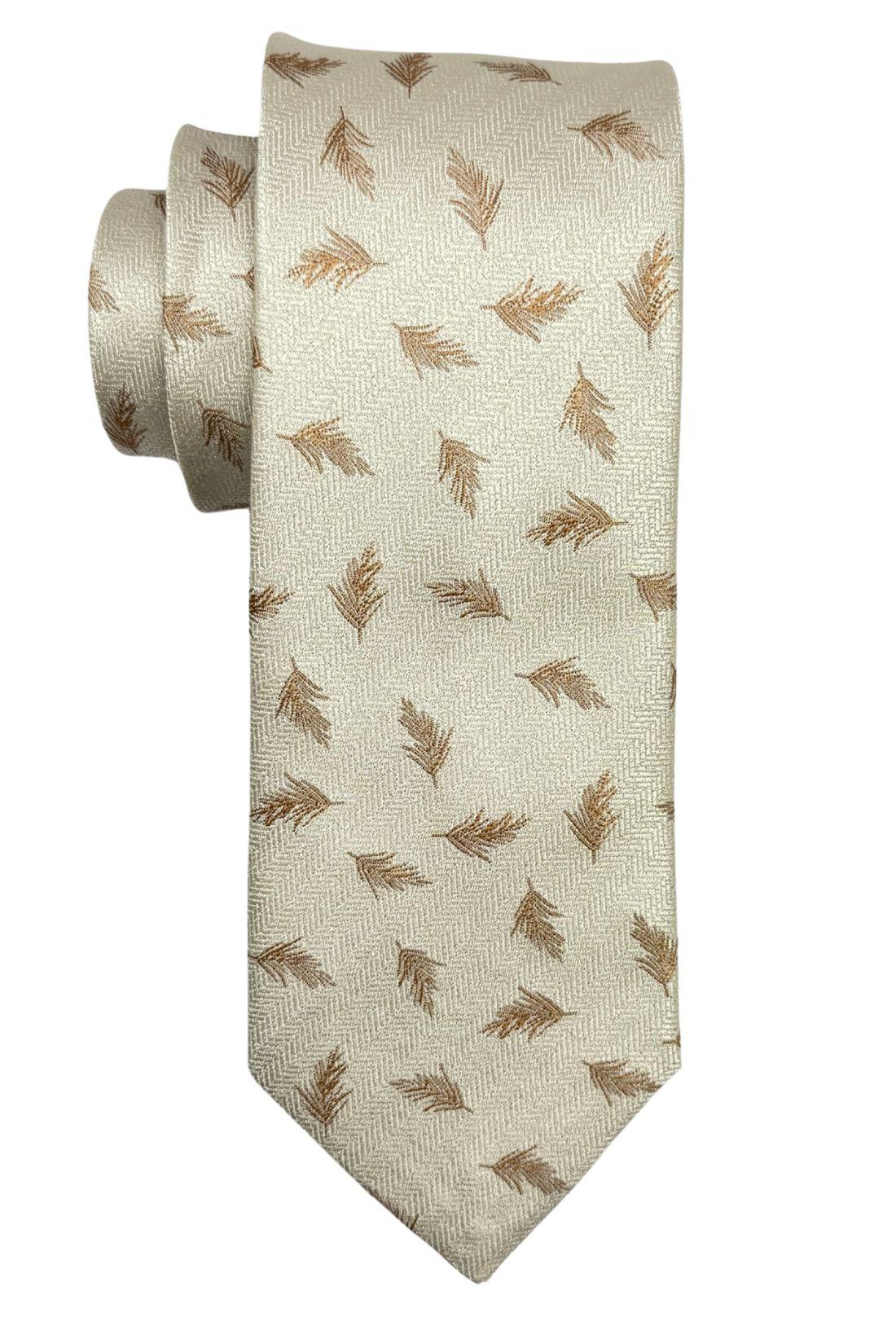 Cream Silk Necktie For Men | Leaf Motif Jacquard Design