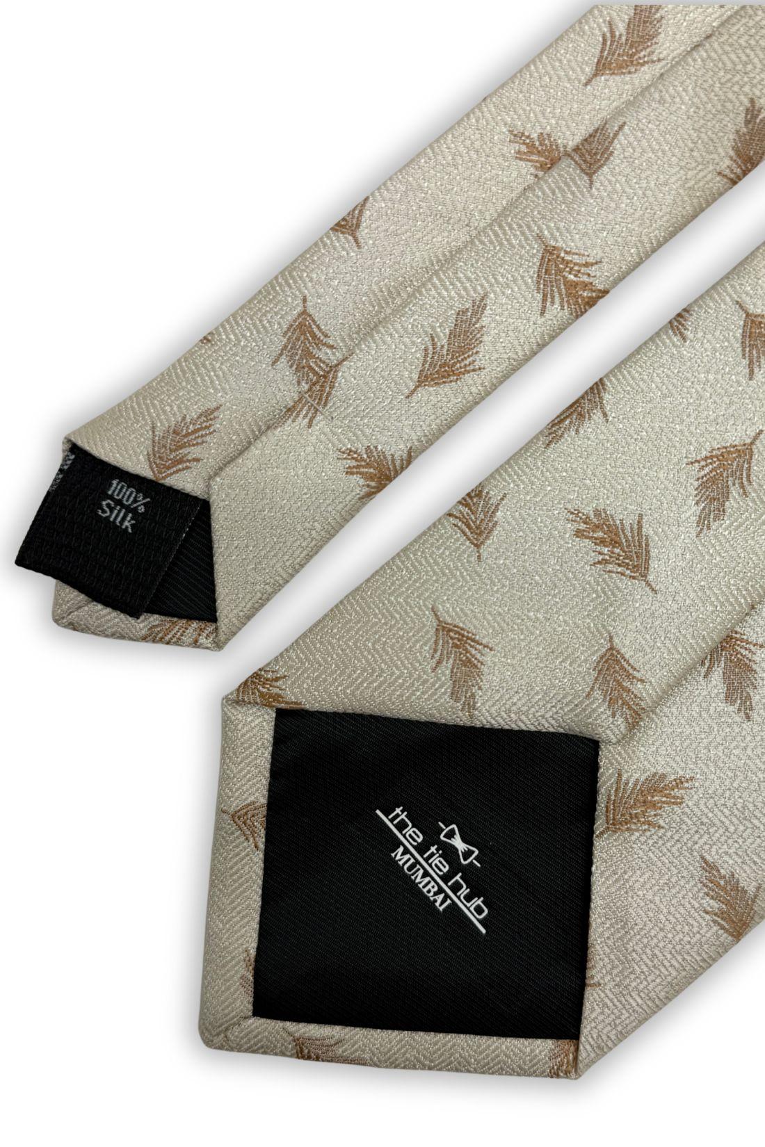 Cream Silk Necktie For Men | Leaf Motif Jacquard Design